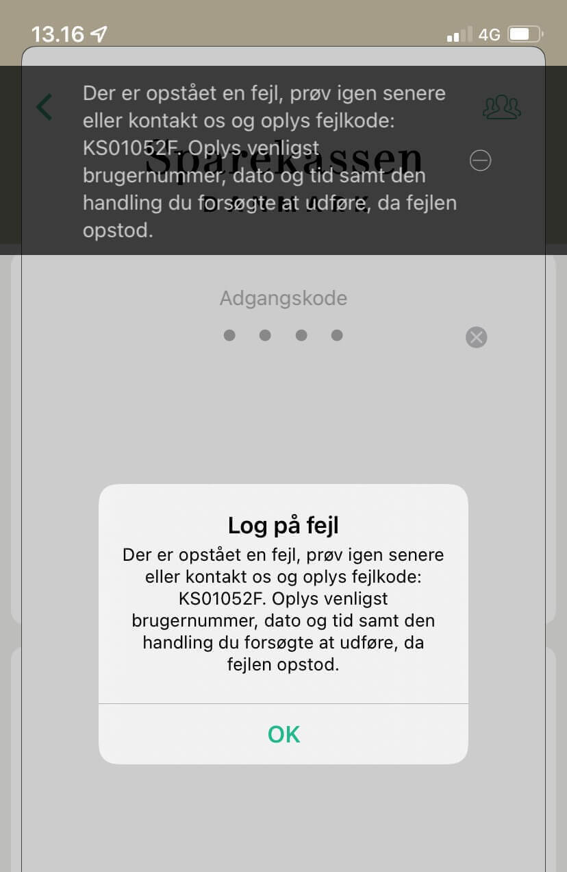 Fejlmeddelelse i den gamle mobilbank